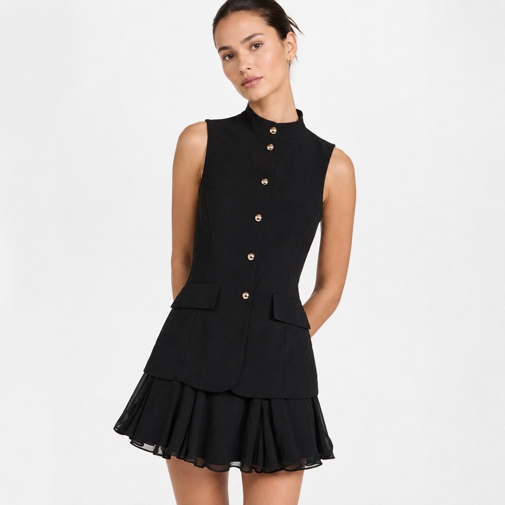 NWT Amanda Uprichard x REVOLVE Justine Dress L Black Gold Button Chiffon Mini